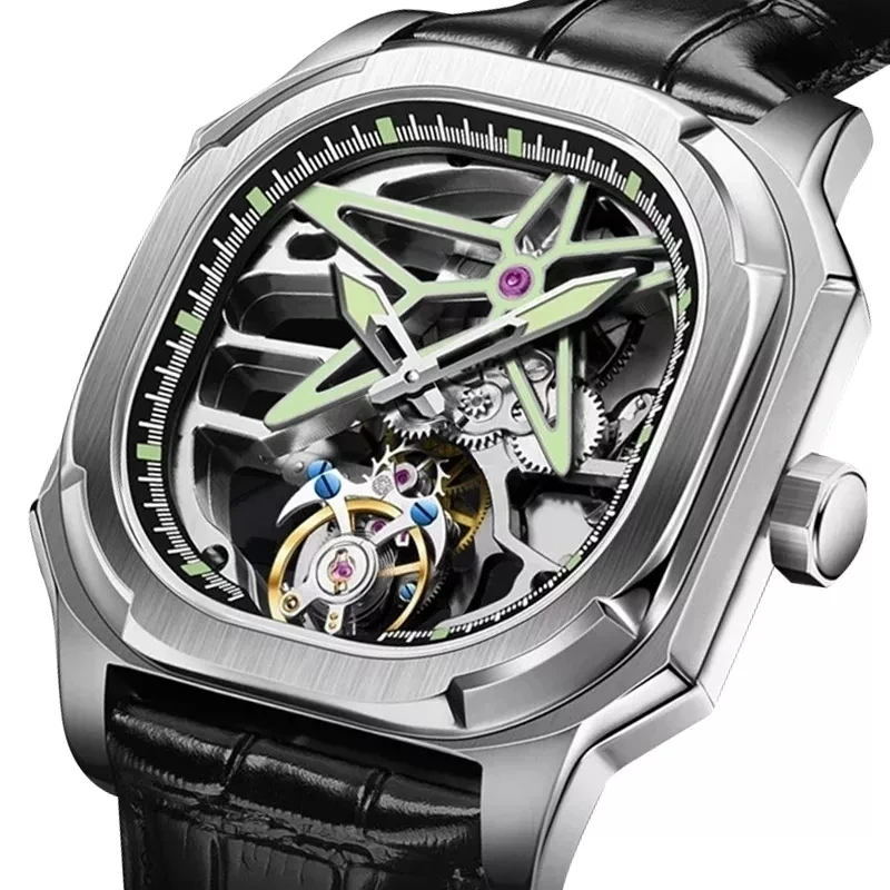 

SEAKOSS Real Flywheel Tourbillon Mechanical Watch for Men Sappire Luminous Skeleton Hollow Tonneau Male Clock Relogio Masculino