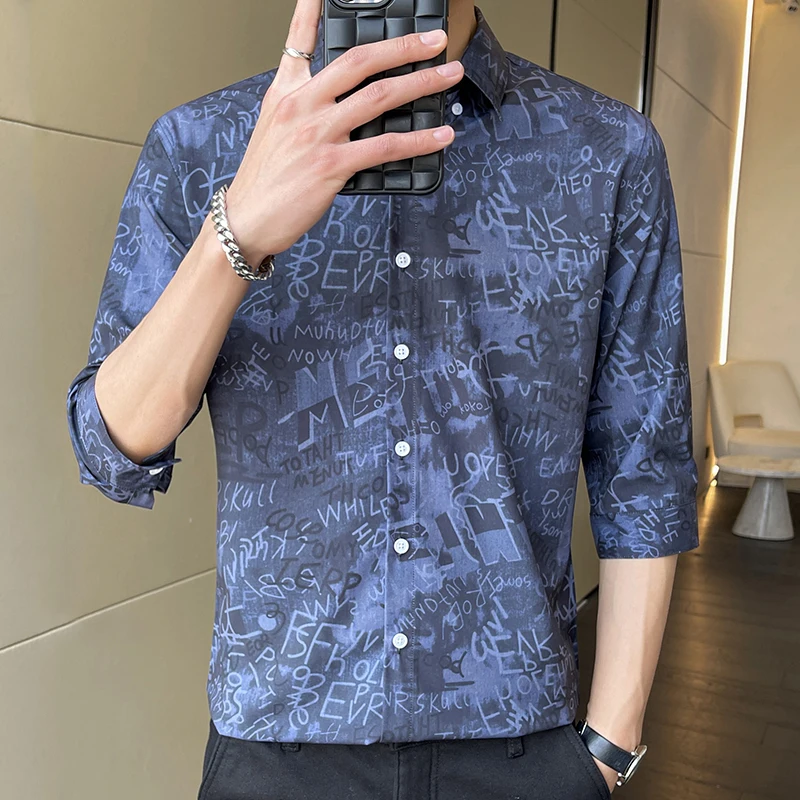 

New Fashion Shirt Men's Trend Slim Three-quarter Sleeved Shirt Casual Business Comfortable Dress Party Print Shirt