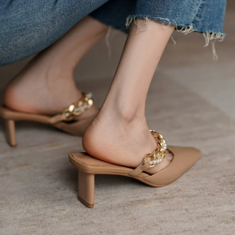

LeShion Of Chanmeb Women Real Leather Mules High Heels Black Beige Nude Shoes Ladies Gold Chain Pearls Party Wedding Pump Summer