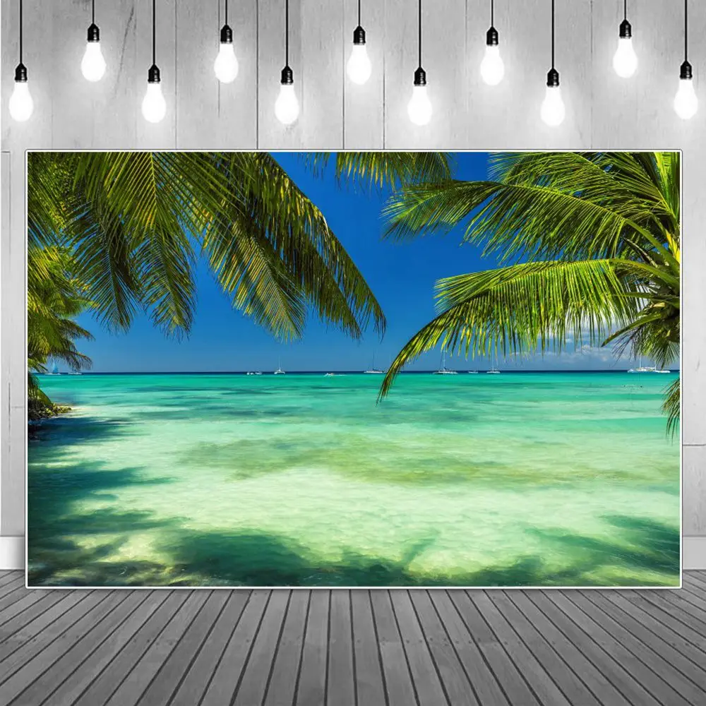 

Seaside Palm Tree Shoal Water Photography Backgrounds Tropical Summer Blue Sky Clean Waves Backdrops Beach Photographic Portrait