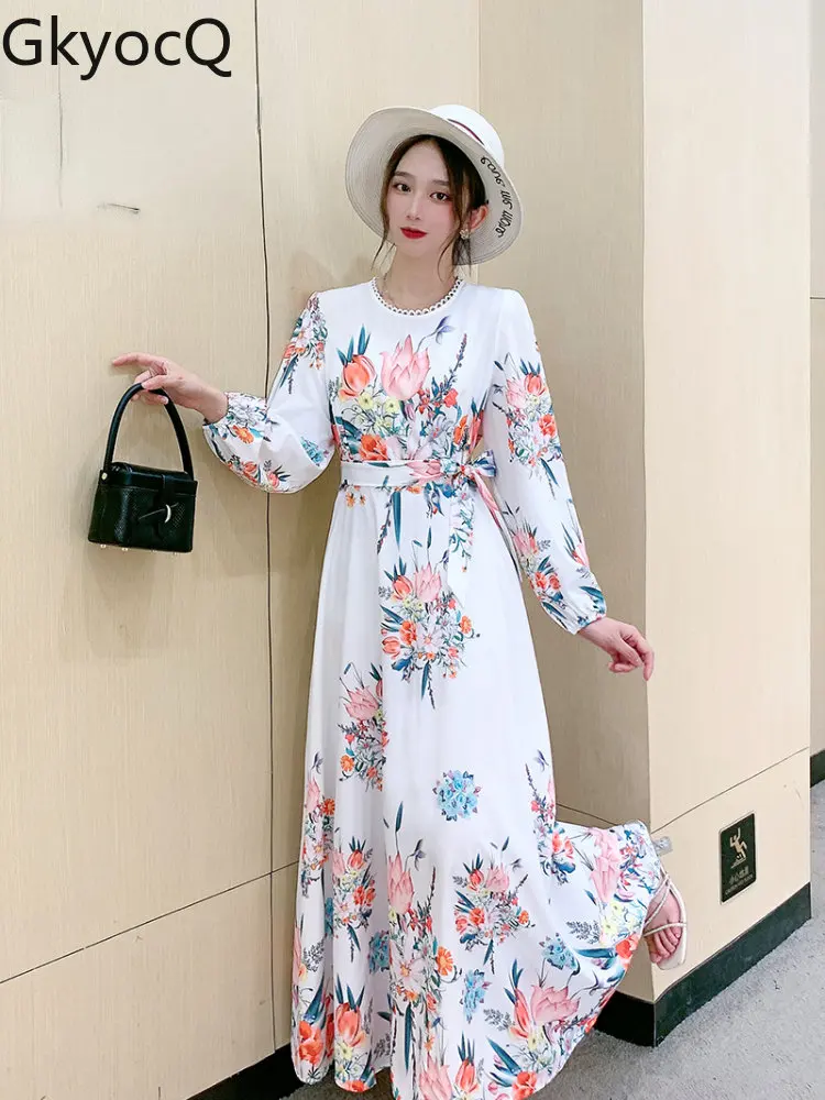 

Женское летнее длинное платье с принтом, праздничный сарафан с круглым вырезом, поясом и длинным рукавом, 2022