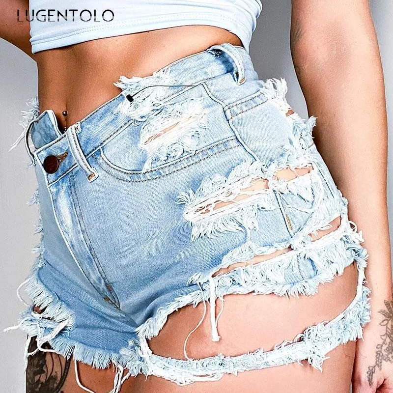 

Women Summer Jeans Shorts Fashion Ripped Hole High Waist Light Blue Fringe Thin Skinny Casual Trend Shorts