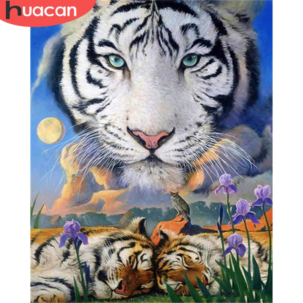 

HUACAN Painting By Number Tiger Animal Drawing On Canvas Flower Picture Wall Art Hand Painted DIY For Adult Home Decoration