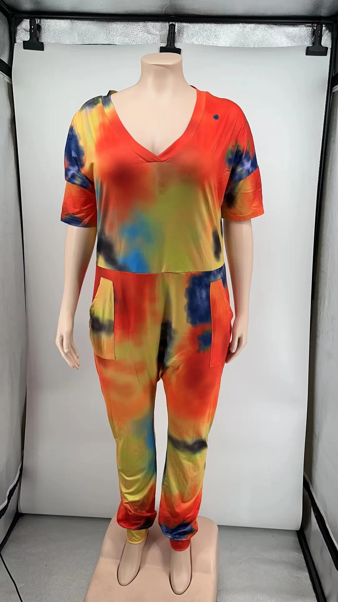 Plus Size Women Jumpsuit Tie Dye Print Pocket One Piece Cloth Female Fashion Pencil Pants  2023 Summer Lady Elegant Jumpsuits