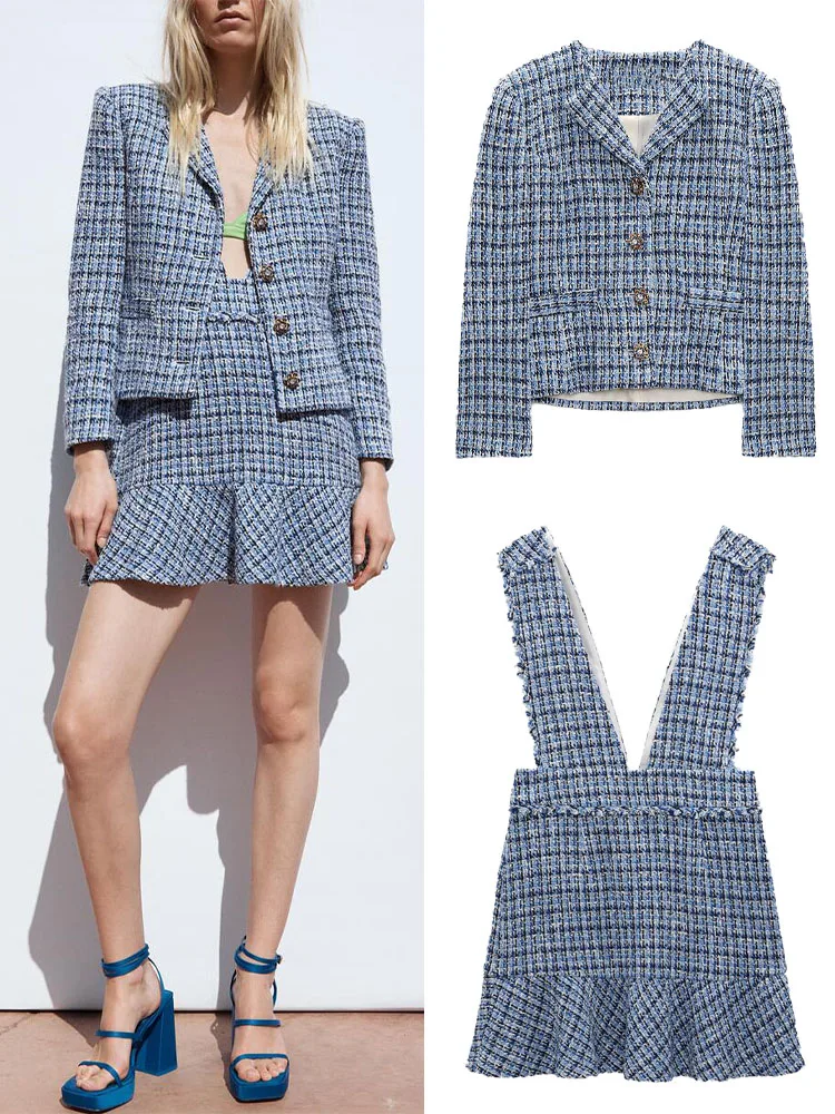 

2022 spring new gentle temperament jewelry button temperament texture suit jacket + V-neck layered decorative texture vest skirt