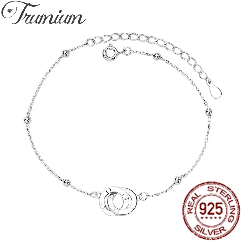

Trumium 925 Sterling Silver Trendy Double Circle Geometric Charm Bracelets for Women Bangle pulseira feminina Gift