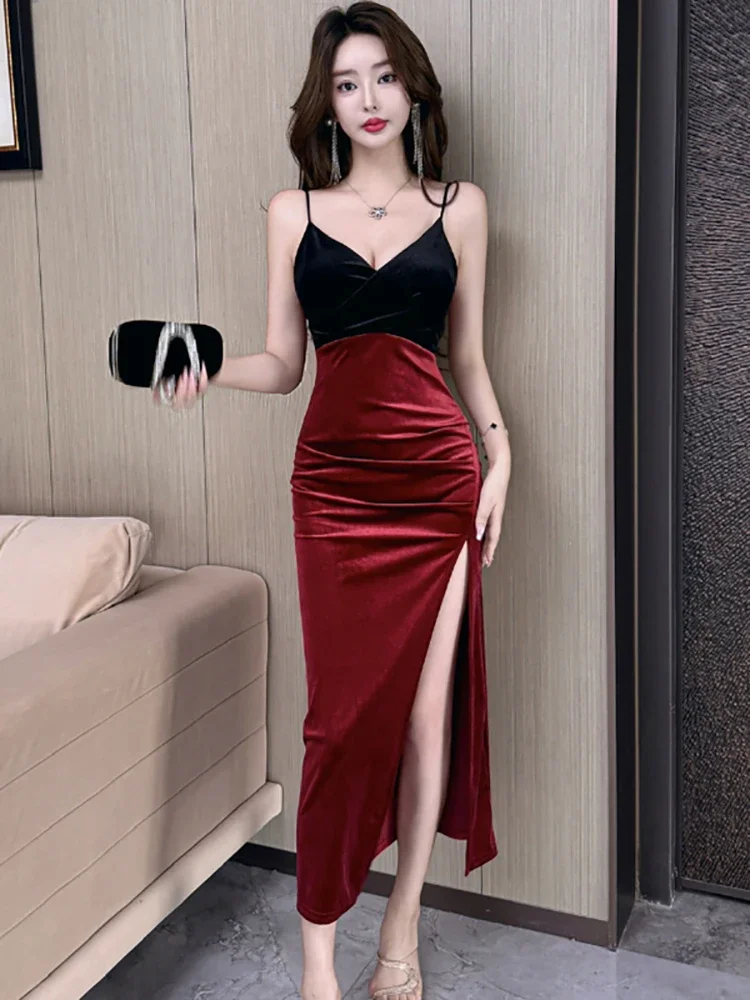 Women Korean Luxury Elegant Dance Party Dress Autumn Winter Black Patchwork Red Velvet Sling 2024 Sexy Bodycon Night