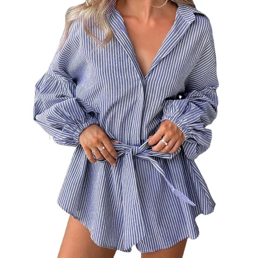2023 New Sexy Lantern Sleeves Blue Stripe Lace Up Jumpsuit Summer Loose Fashion Women Clothing