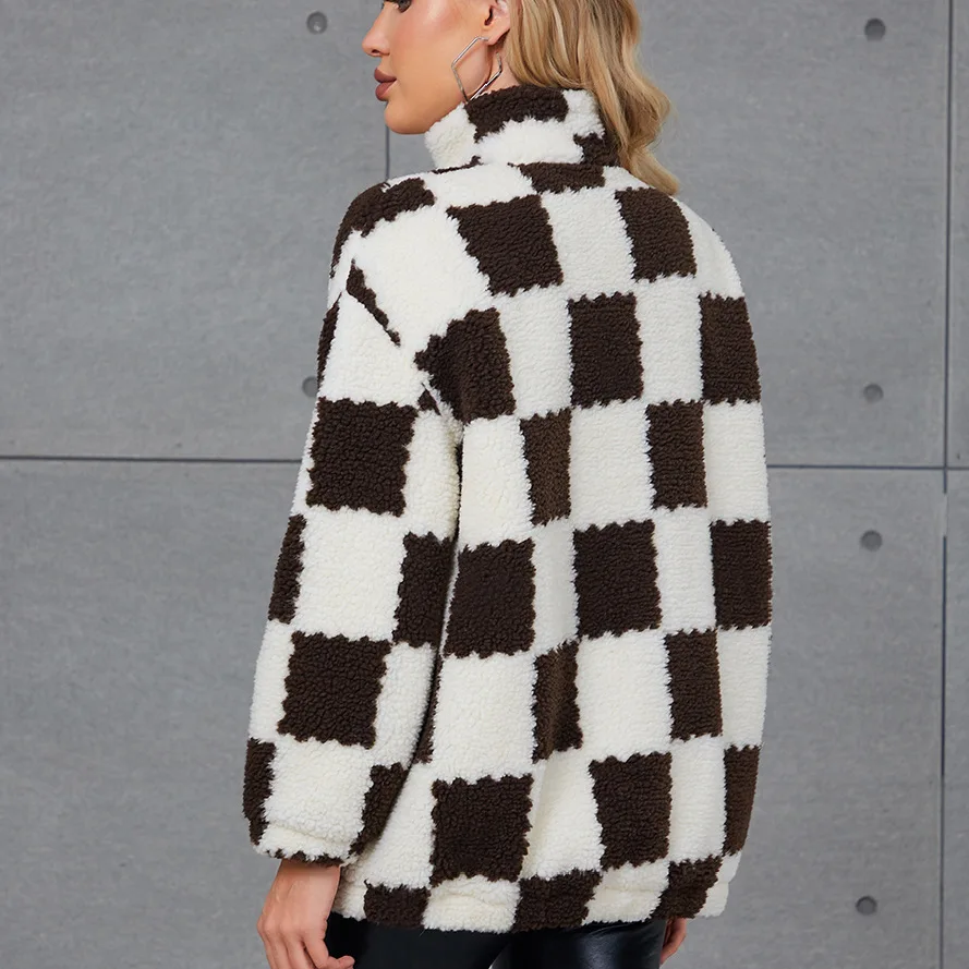 2022 Black and white square plush coat Ladies casual faux fur coat stand-up collar