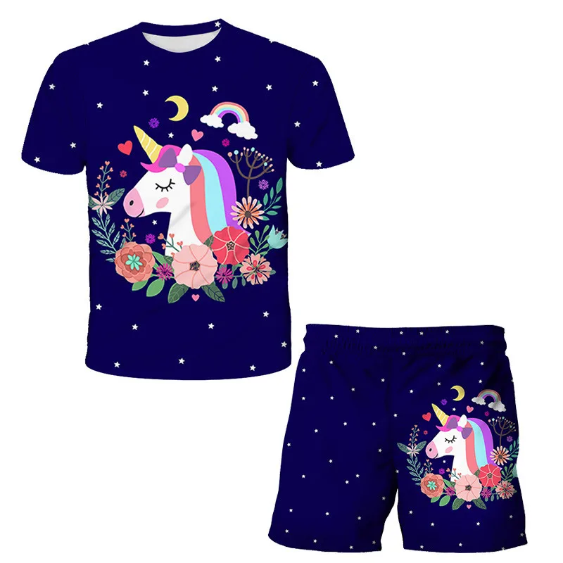 

2022 Boys Girls Unicorn Clothes Set Short-sleeved Round Neck T Shirts And Elastic Waist Short Pants Costumes Outfits 4-14 Years