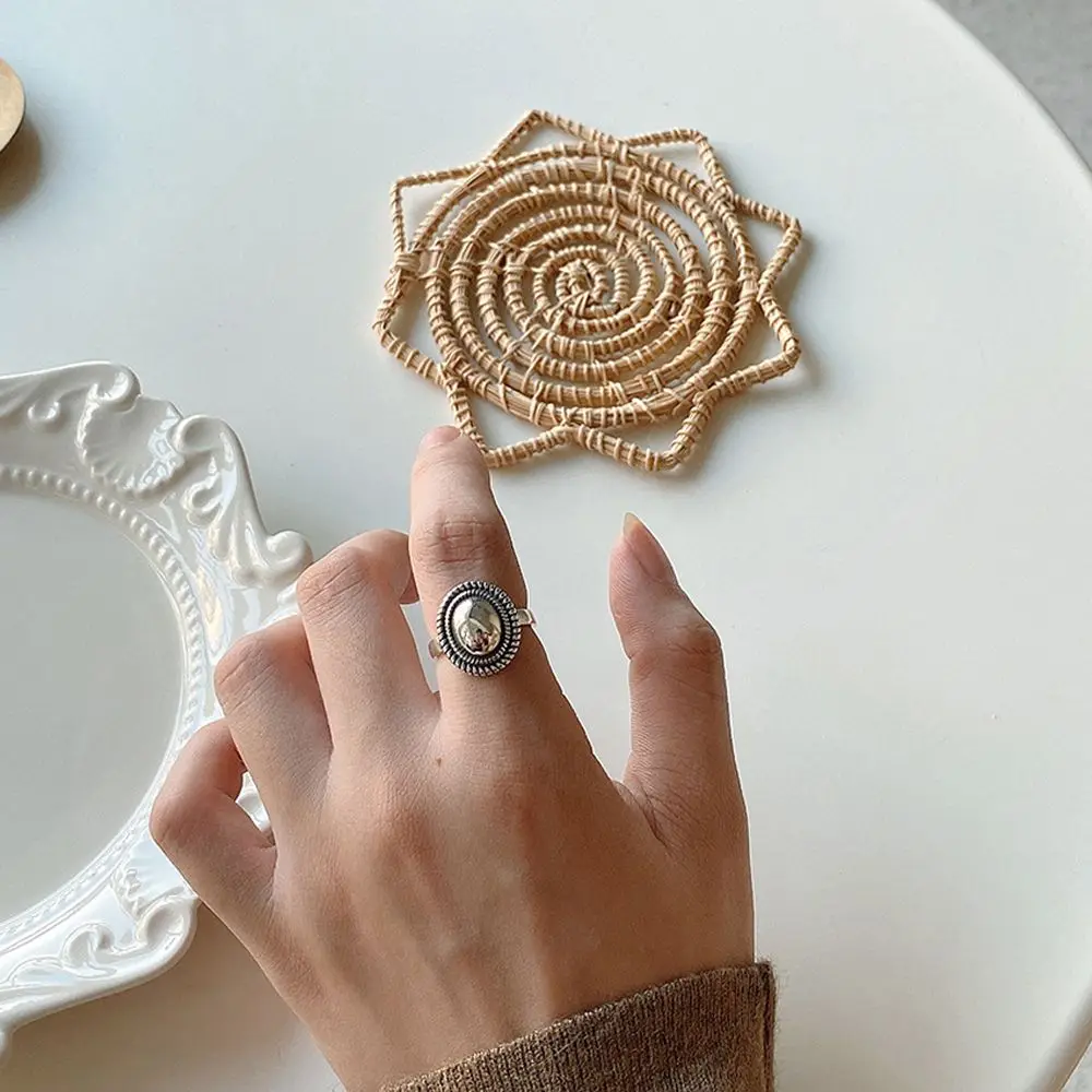 

Silver Female Open Ring Korean Style Ring Fashion Jewelry Simple Luxury Geometric Retro Personality Oval Ring