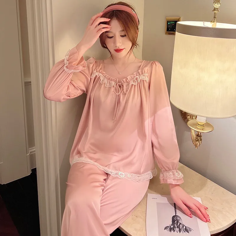 Lace princess cute ice silk pajamas suit female sweet court style pajama set