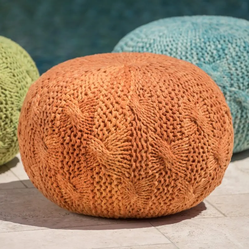 

Zyaire Indoor Outdoor Hand Knitted Weave Fabric Pouf, Orange