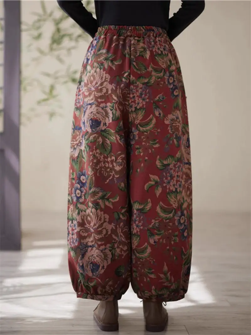 Женские утепленные брюки на шнуровке повседневные в китайском стиле с принтом