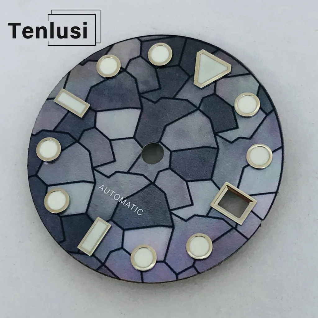 Фото Циферблат часов Tenlusi 28,5 мм NH35, синий, зеленый, светящийся циферблат, стерильный черный, синий, серебристый, зеленый, детали часов №2
