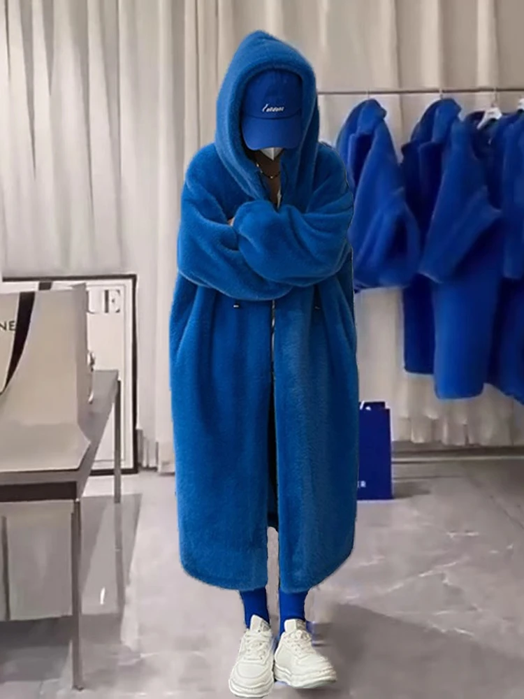 2022 New Fashion Women Fur Coats Thicken Ultra Long Hooded Jackets Solid Color Loose Outwear Fake Mink Velvet Blue Fur Overcoat