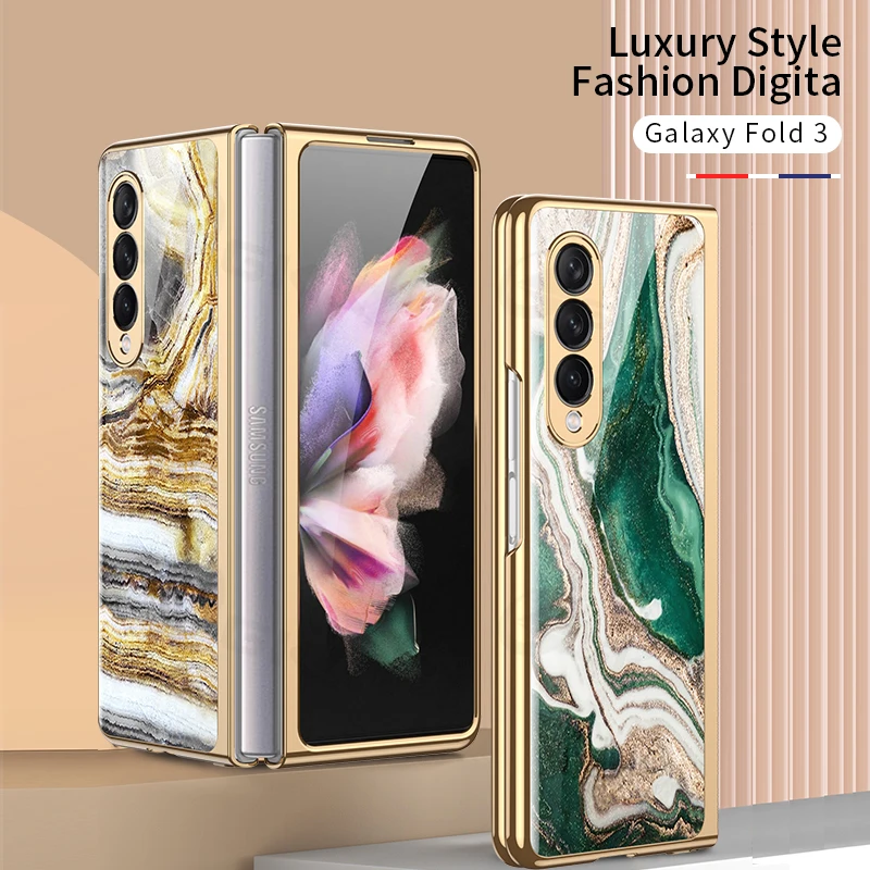 

GKK Tempered Glass Plating Case For Samsung Galaxy Z Fold Flip 3 5G Luxury Marble Pattern Cover For Samsung Z Fold Flip 3 Case
