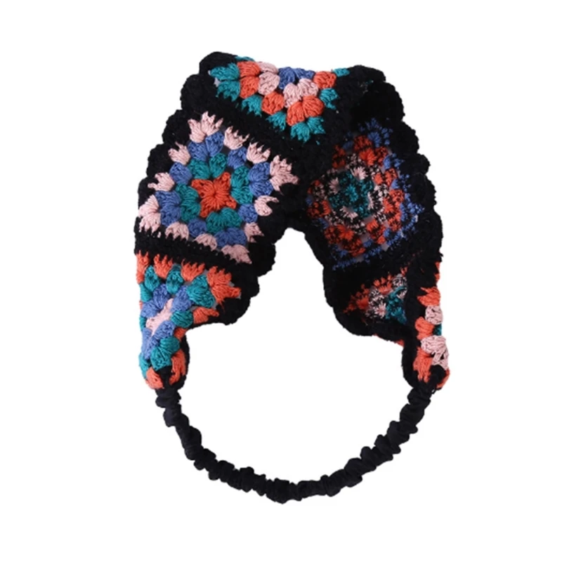 

Crochet Colorful Bandana Knitted Hair Kerchief Tie Back for Head Wrap Color Matching Pastoral Turban for Girls Photo