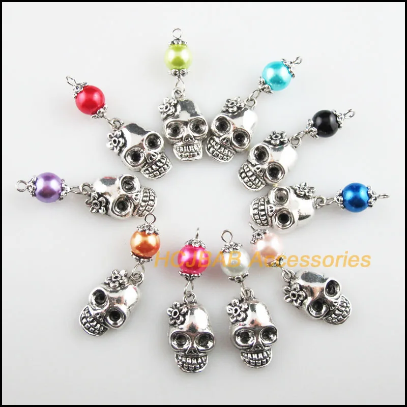 

10Pcs Tibetan Silver Tone Flower Skull Mixed Glass Beads Charms Pendants 13x39mm
