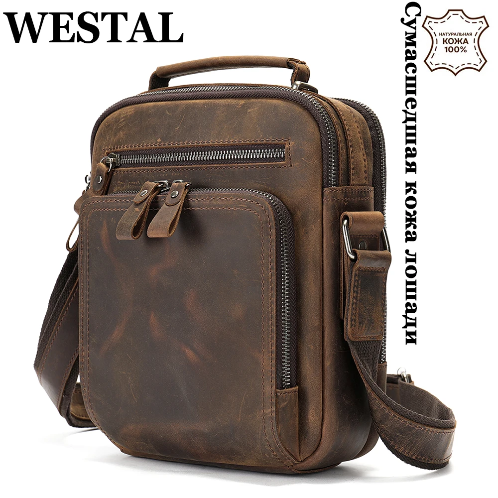 WESTAL Shoulder Bag Men Handbag Messenger Crossbody Bags Genuine Leather Flap Vintage Business Travel iPad 7.9 Inch Office Pouch