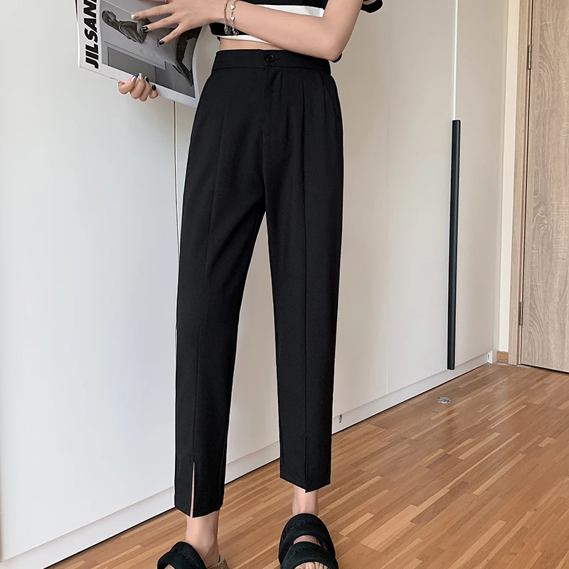 

Брюки женские Костюмные с высокой талией, повседневные шикарные брюки с разрезом, модные черные шаровары, весна-лето