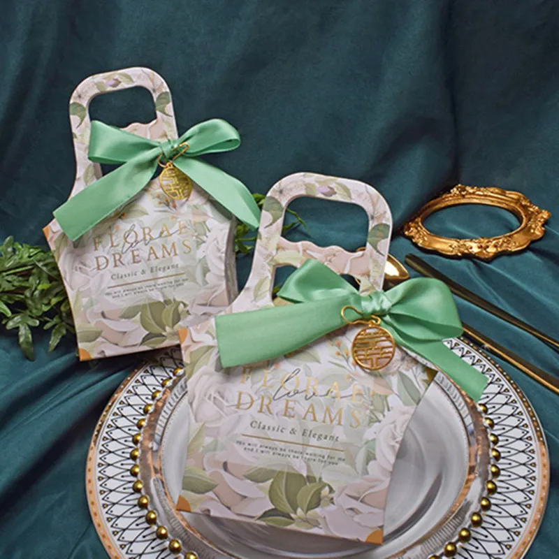 

5pcs Green Creative Handles Candy Box Wedding Favor Chocolate Box Party Supplies Box Christmas Dragee Gift Box Baby Shower
