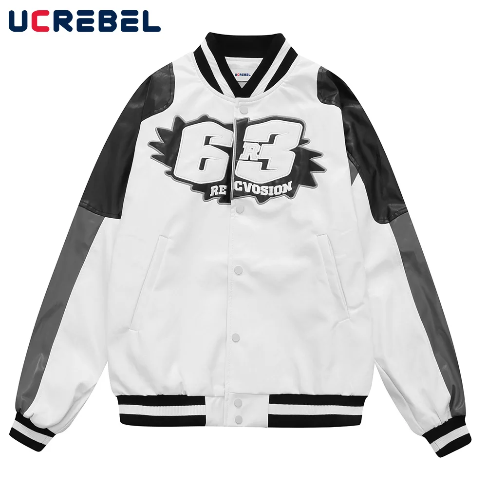 

Бейсбольная Мужская куртка с вышивкой букв, уличная одежда из искусственной кожи с V-образным вырезом, мотоциклетная куртка с контрастными ...