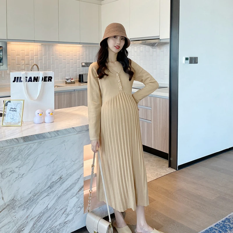 Solid Maternity Dress Knitted Breastfeeding Dresses Nursing Clothes Casual Spring Autumn Pleated Long Dress For Pregnant Women enlarge