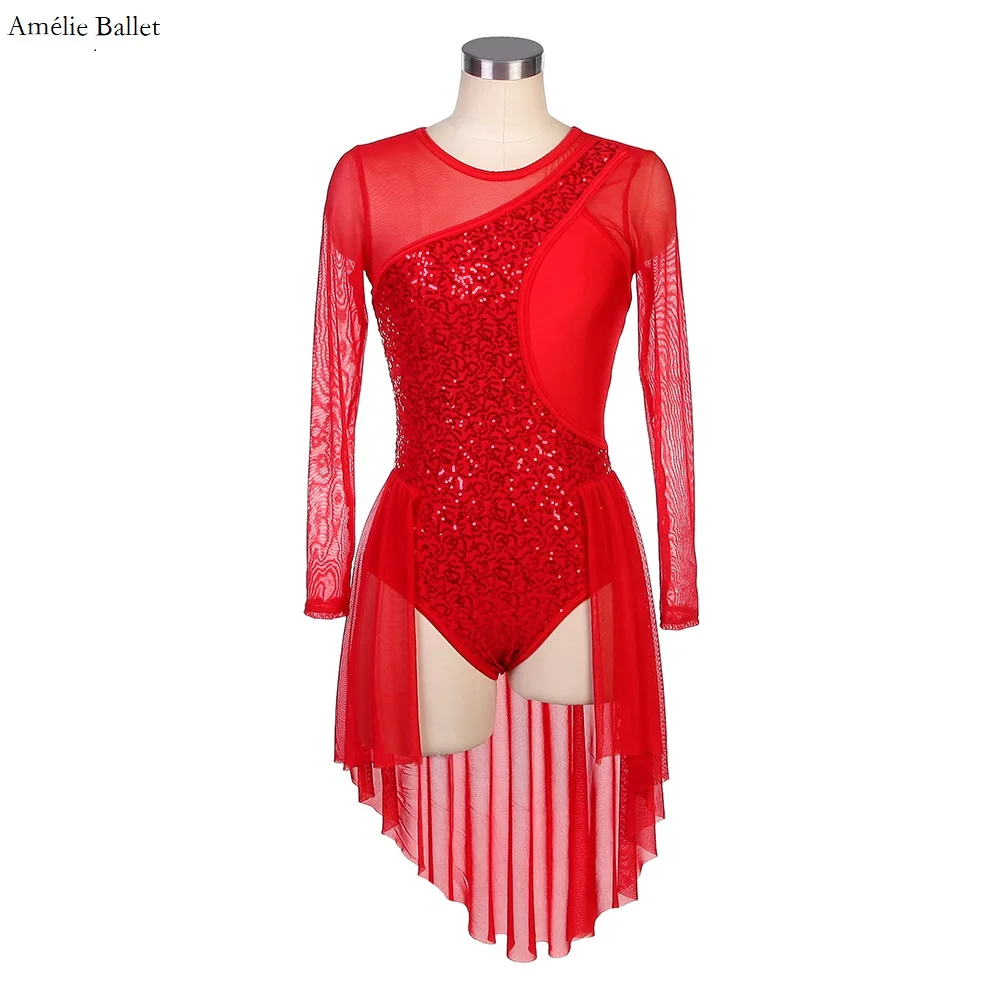 

22079 Long Sleeves Red Sequin and Mesh Dress for Adult Girls Lyrical Dancewear Contemporary Dance Costume Stage Performance Wear