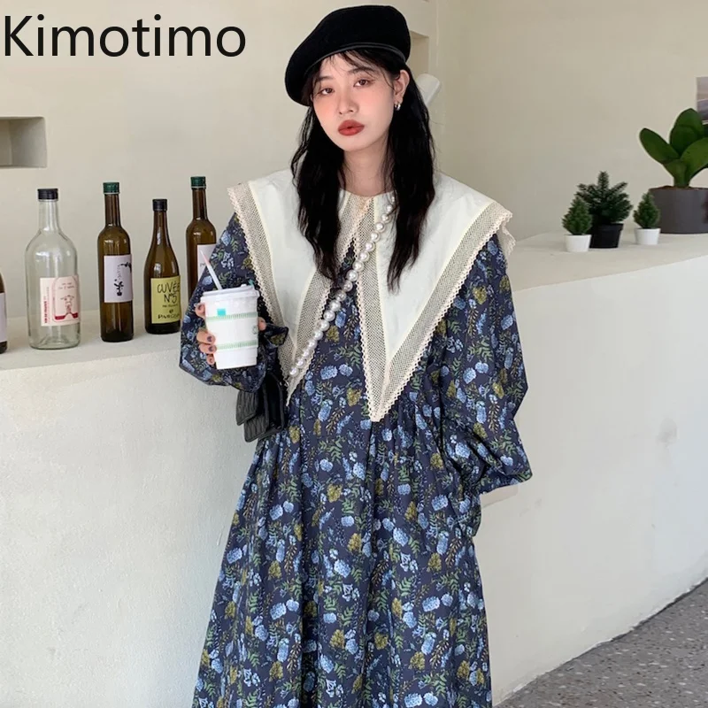 

Платье Kimotimo женское с цветочным принтом, кружевное длинное в Корейском стиле, с заостренным воротником, с рукавами-фонариками, в стиле ретро...