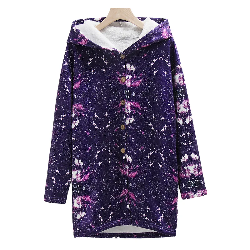 

Autumn/Winter 2023 Starry Sky Printed Pocket Hooded Pullover with Plush Long Sleeve Mid length Coat