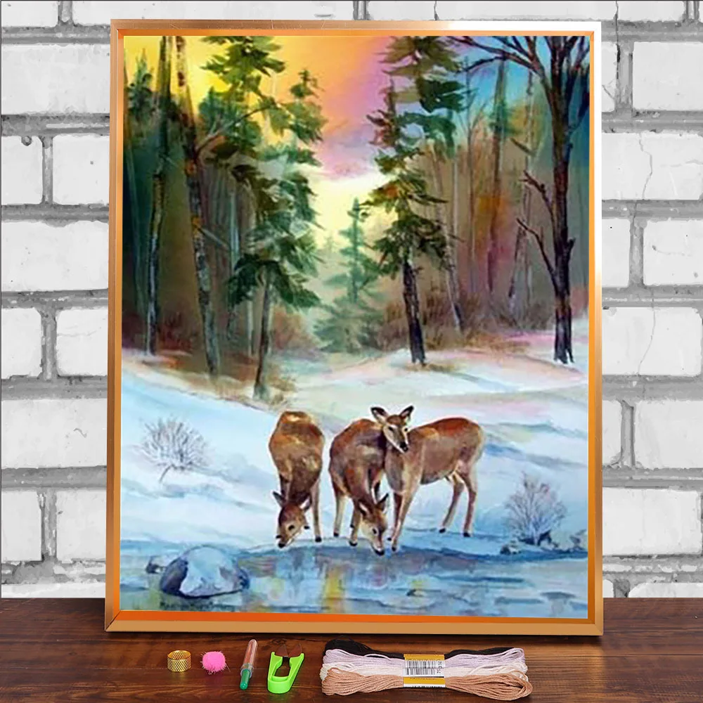 Водорастворимый холст с принтом снежного пейзажа животного оленя 11CT Вышивка