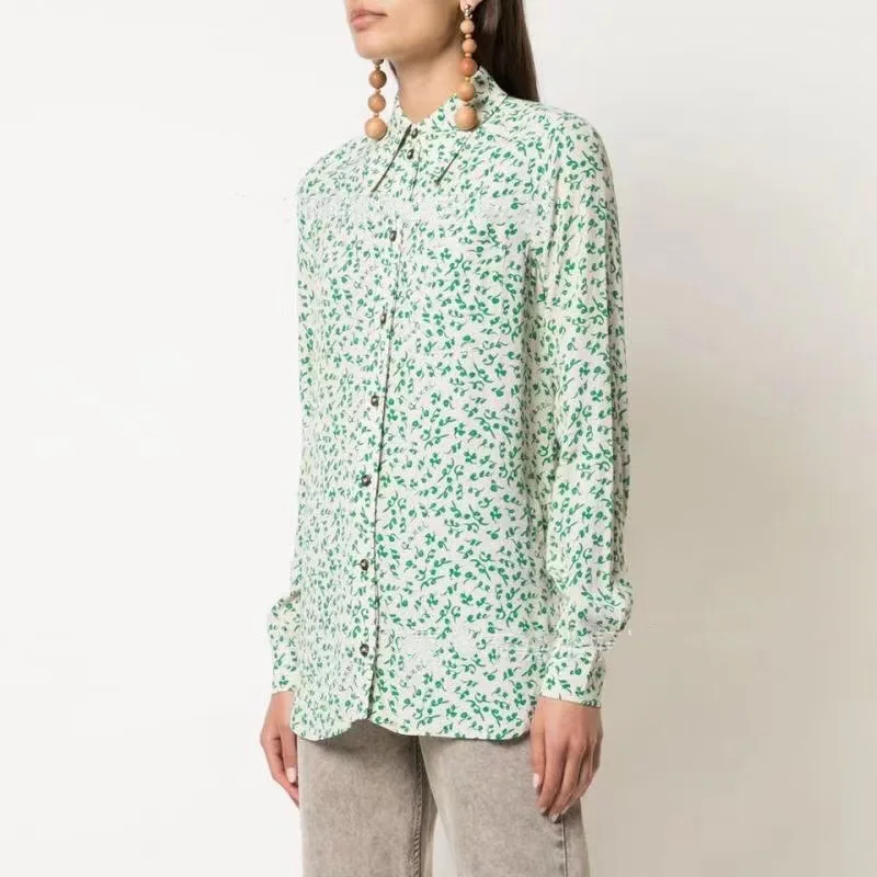 

Ladies Long Sleeve Blouse Fresh Green Leaf Bean Sprout Print 2022 Spring Summer New Women Single Breasted Fashion Shirt Top