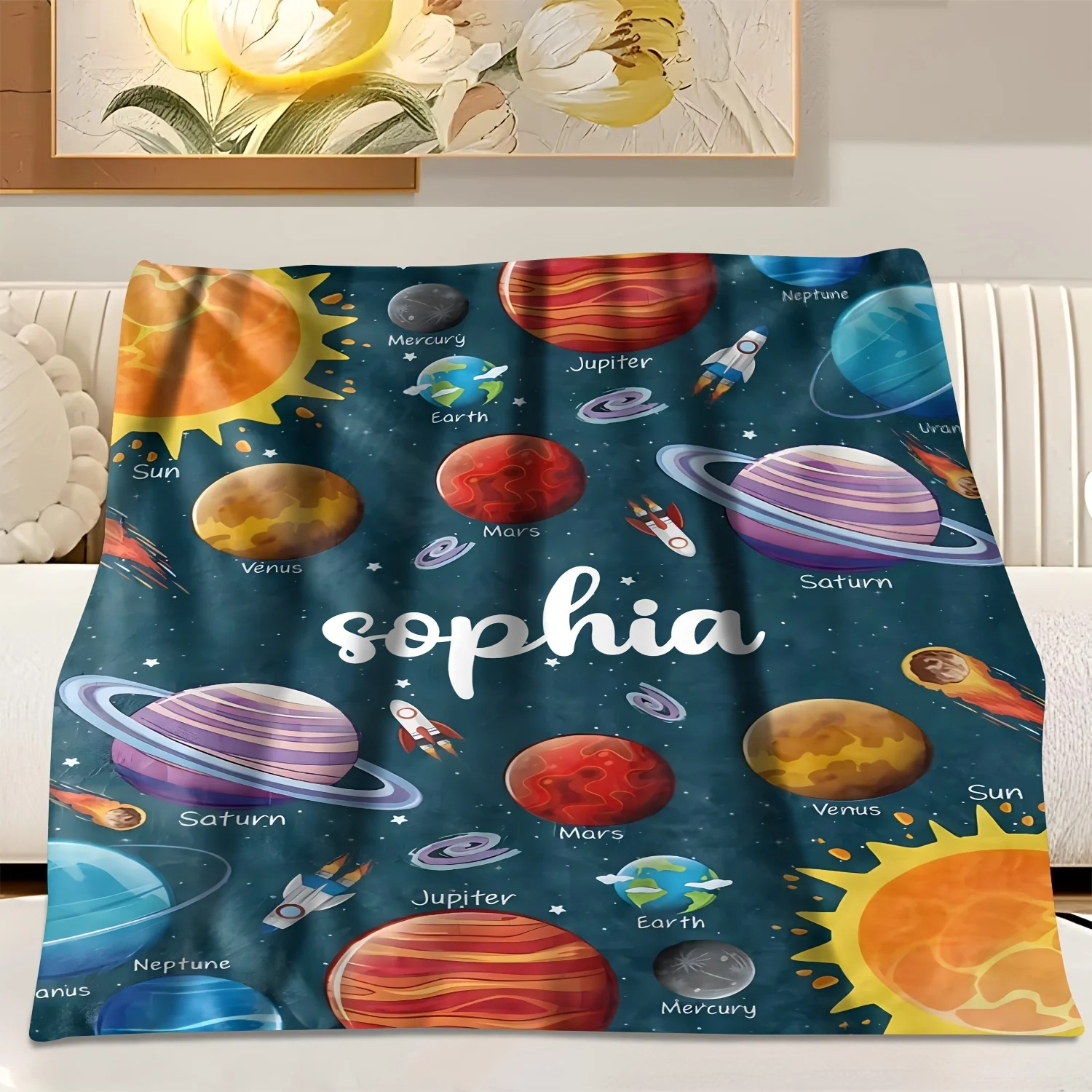 Personalized Custom Name Space Planets Throw Blanket - Soft 100% Polyester Flannel Fleece with Digital Print All Seasons Lodge