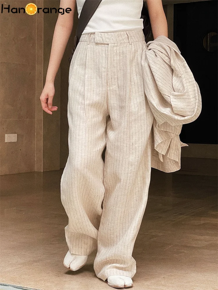 

HanOrange 2022 летние винтажные текстурные льняные полосатые брюки женские с высокой талией широкие свободные драпированные повседневные брюки ...