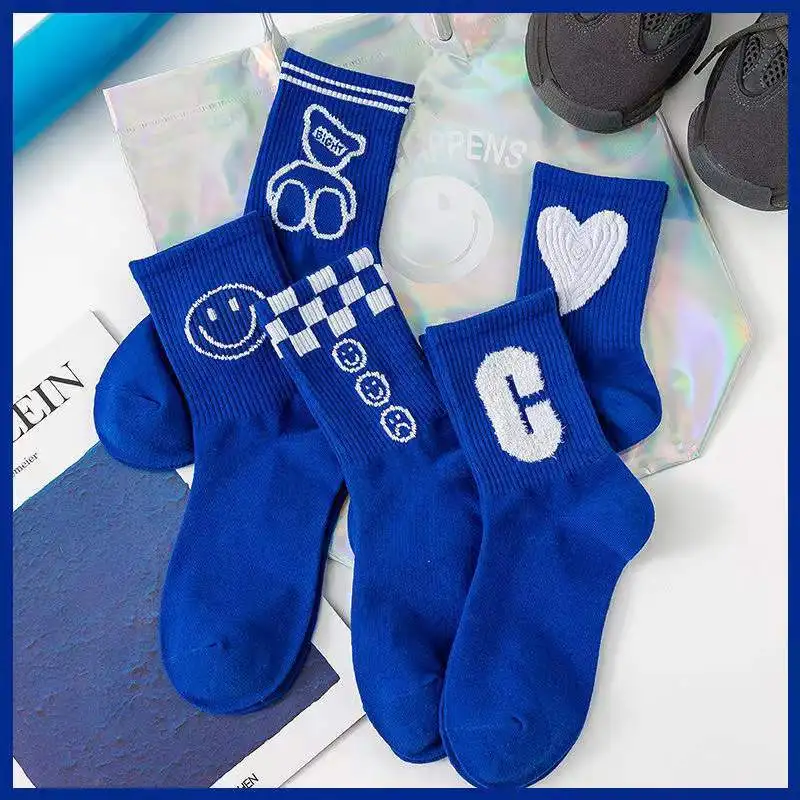 Fashion New Ins Style Girl Socks Set 10 Pairs Funny Cartoon Smile Letter Heart Blue Middle Tube Women's Sports Socks