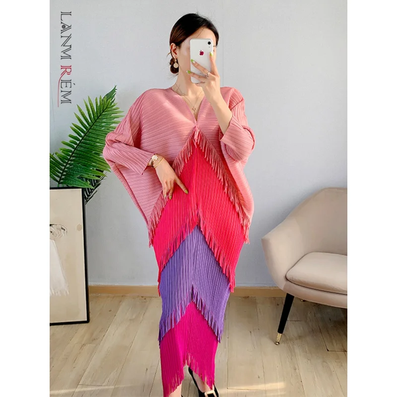 

Платье LANMREM в стиле пэчворк с кисточками, платье с цветными вставками для женщин, плиссированные платья до середины икры с рукавом летучая мышь, модные женские платья, лето 2023 2N789