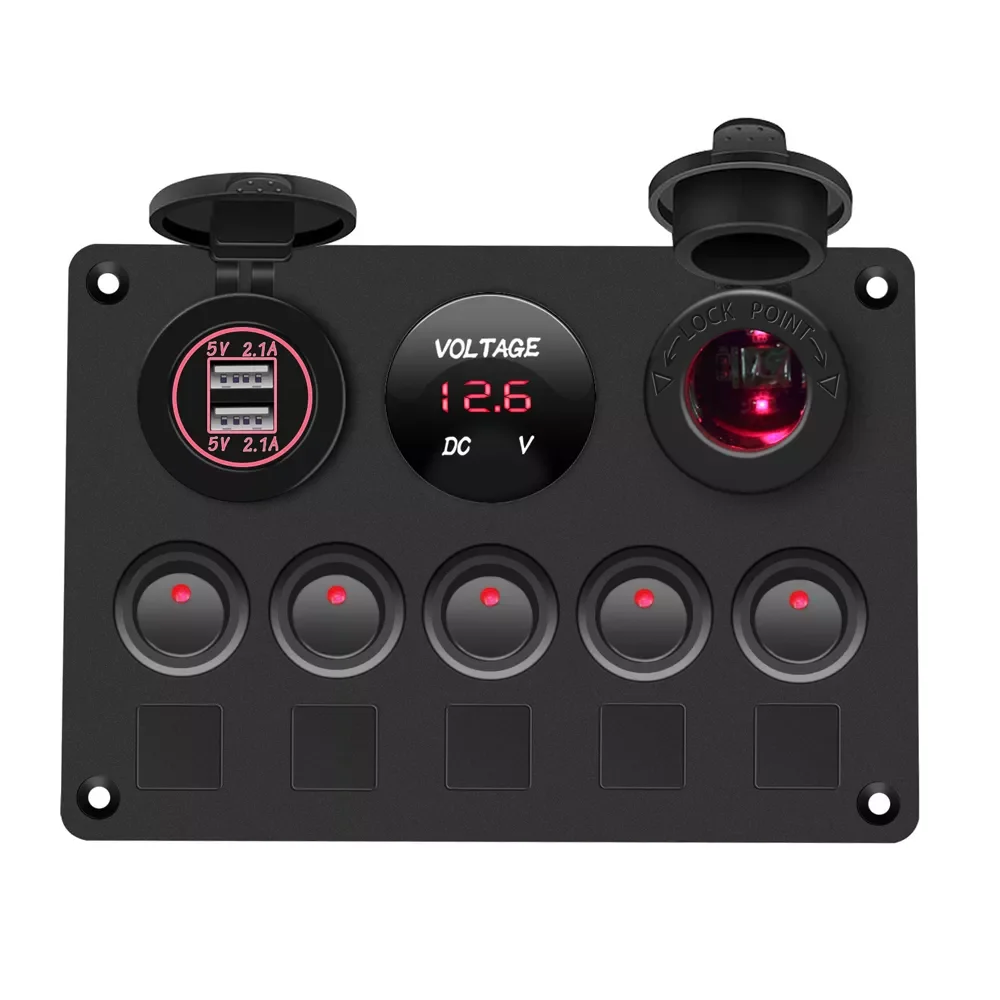

Boat Switch Panel Car Switch Panel Waterproof Digital Voltmeter Dual USB Port 12V Outlet Combination Marine LED Rocker 5 Gang