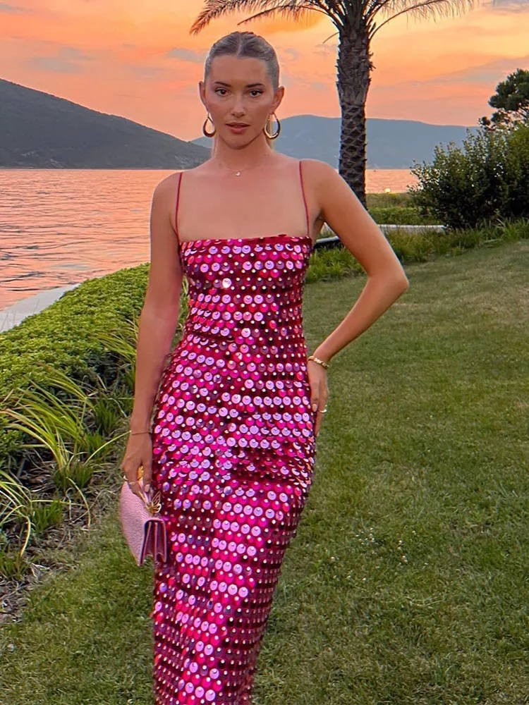 

Женское сексуальное облегающее платье с блестками без рукавов на бретельках, однотонное прямое длинное платье, модное вечернее платье с открытой спиной и разрезом