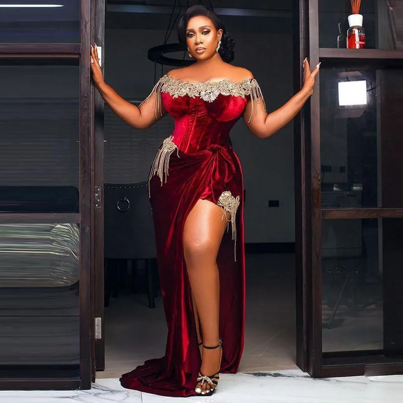 

aso ebi burgundy velvet crystal beaded ball gown african banquet party arabic gown custom