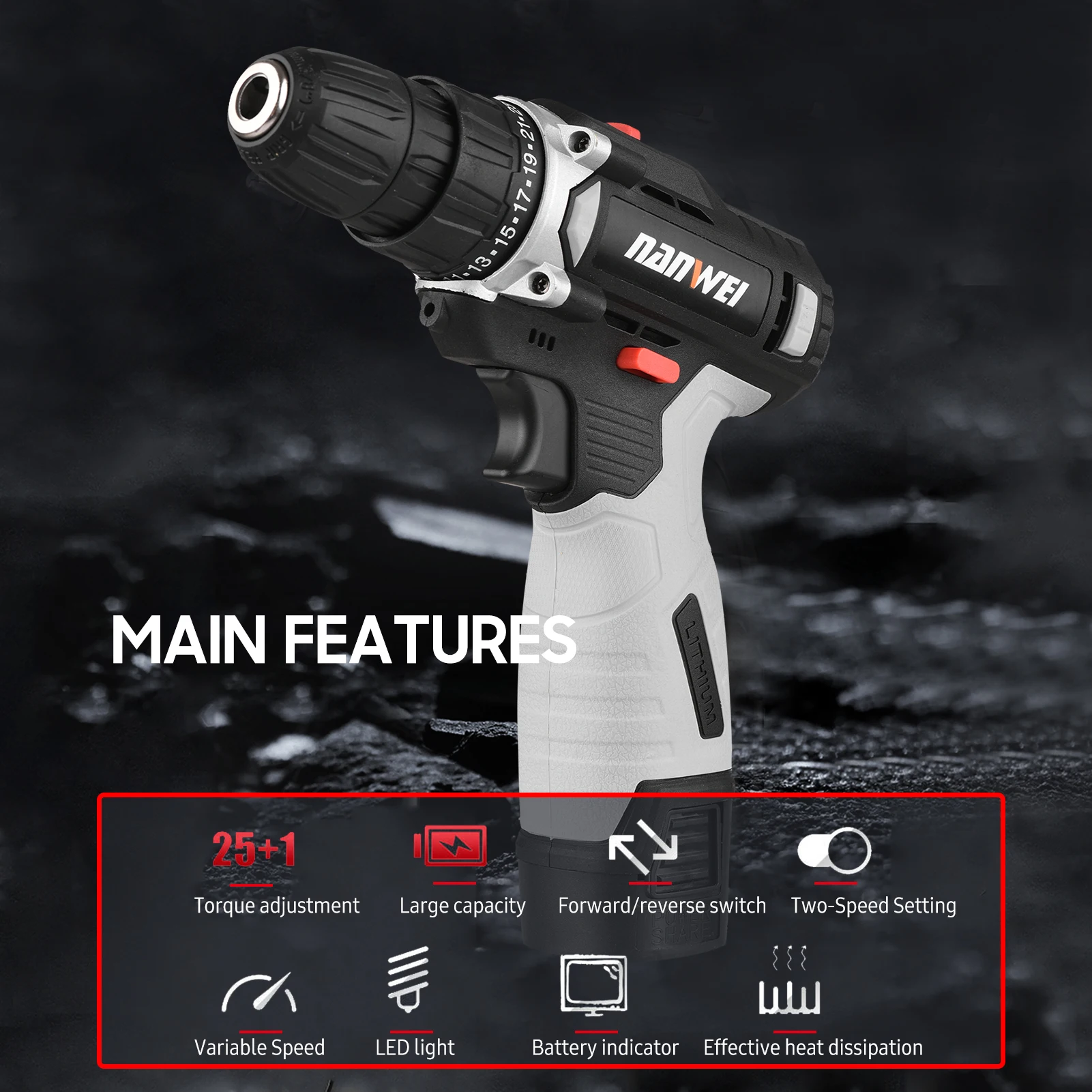 

NANWEI 16.8V Cordless Electric Drill 3/8 Inch 25N.m Chuck 25+1 Gear Adjustment Power Drill with Battery Indicator LED Work Light