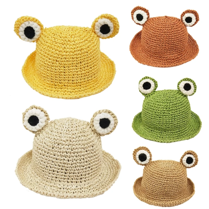 

Toddler Kids Straw Hand-Woven Summer Sun Hat Cute Cartoon Frog Eyes Wide Brim Sunscreen Foldable Beach Fisherman Cap