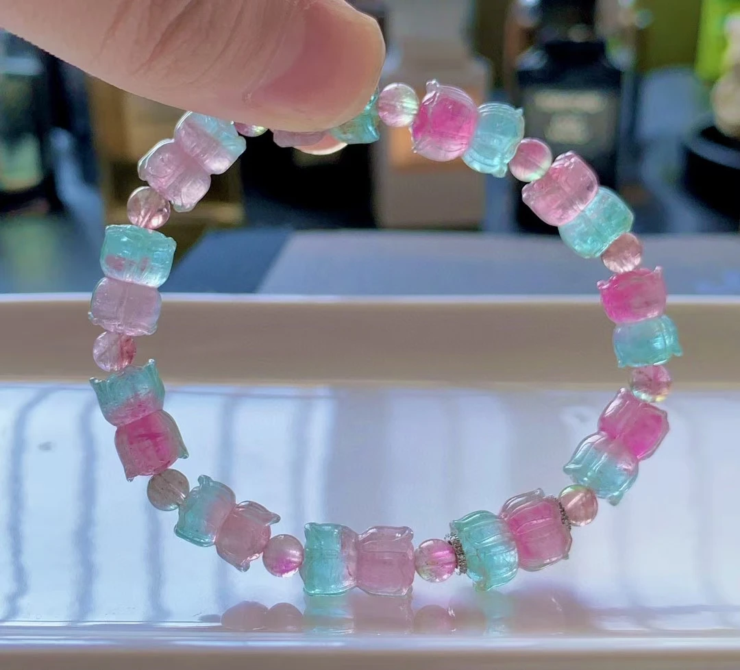 Натуральный Красный Синий Турмалин Прозрачный женский браслет 11-7 мм розовый