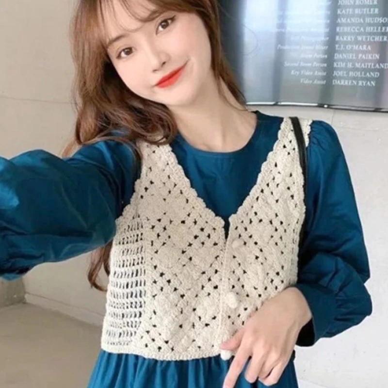 

Women Crochet Sleeveless Sweater Vest Waistcoat French Hollow Knit Floral V-Neck Button Down Solid Crop Cardigan Jacket