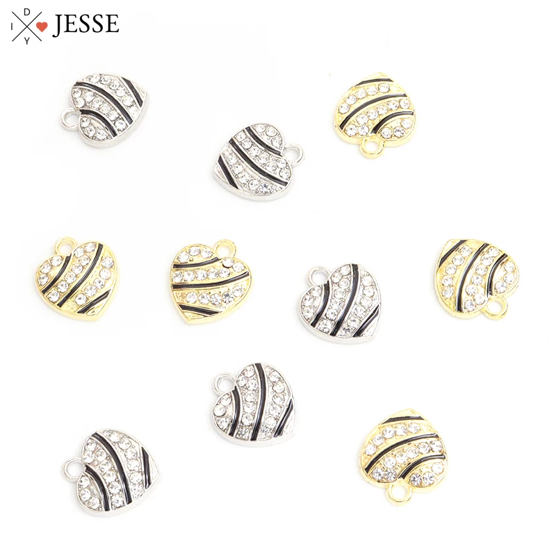 

10pcs Enamel Striped Heart Crystal Rhinestone Charms 13.2*15mm Love Heart Oil Drip Metal Pendant for Making DIY Accessories Gift
