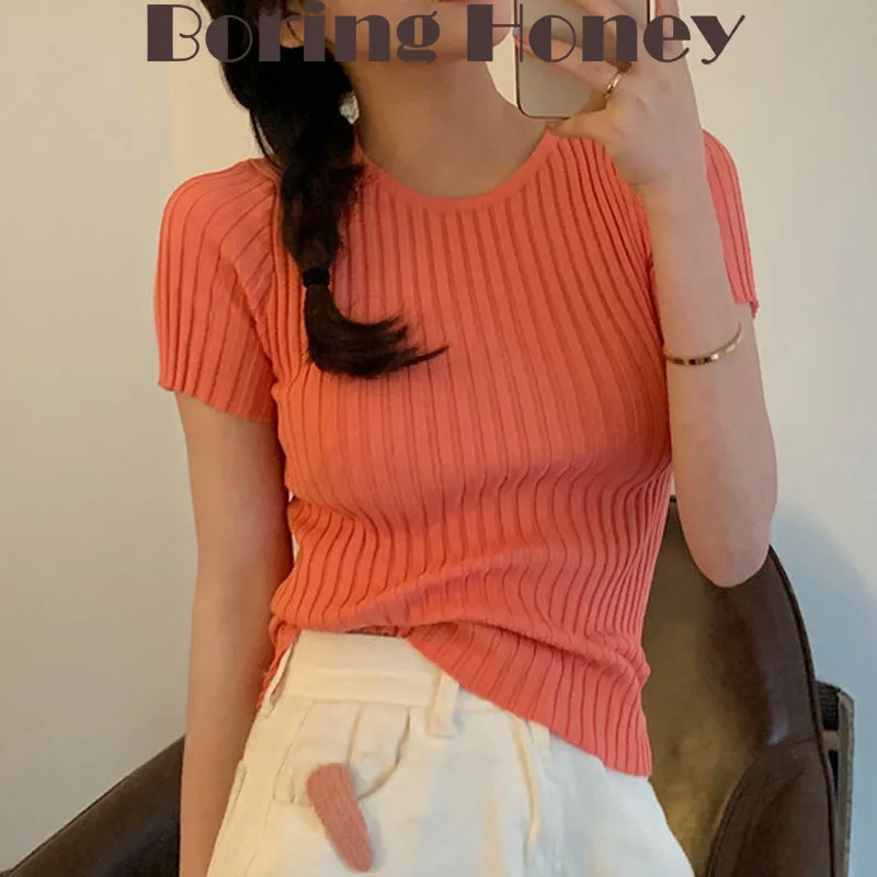 

Boring Honey Fashion Women Blouses For Summer Knitting Crew Neck T-Shirt Be All-Match Slim Fit Pure Colours Short Tank Top Women