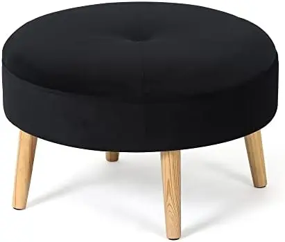 

Round Ottoman, Velvet Upholstered Footrest Stool Seat with Wooden Legs, Vanity Stool Coffee Table for Bedroom Living Room (Yello