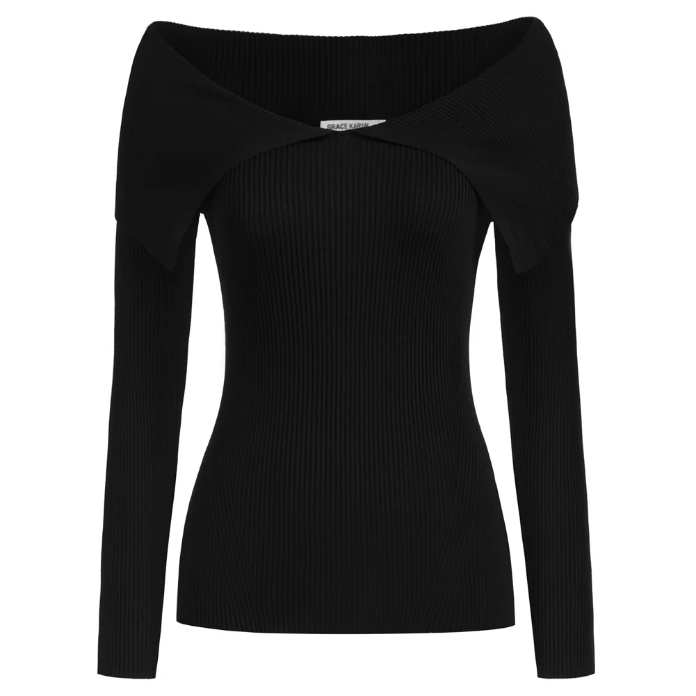 

GK Women Off Shoulder Sweater Long Sleeve Fold-up Neck Knitted Tops Slim Fit Knitwear Ladies Vintage Solid Tunic Office Lady A30