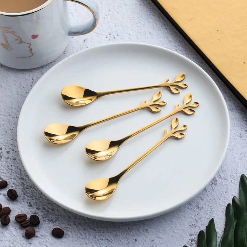 

5PCS Creative Personality Stainless Steel Gold Spoons Tree Leaf Spoon Coffee Spoon Tea Spoon Home Restaurant Dessert Cucharas