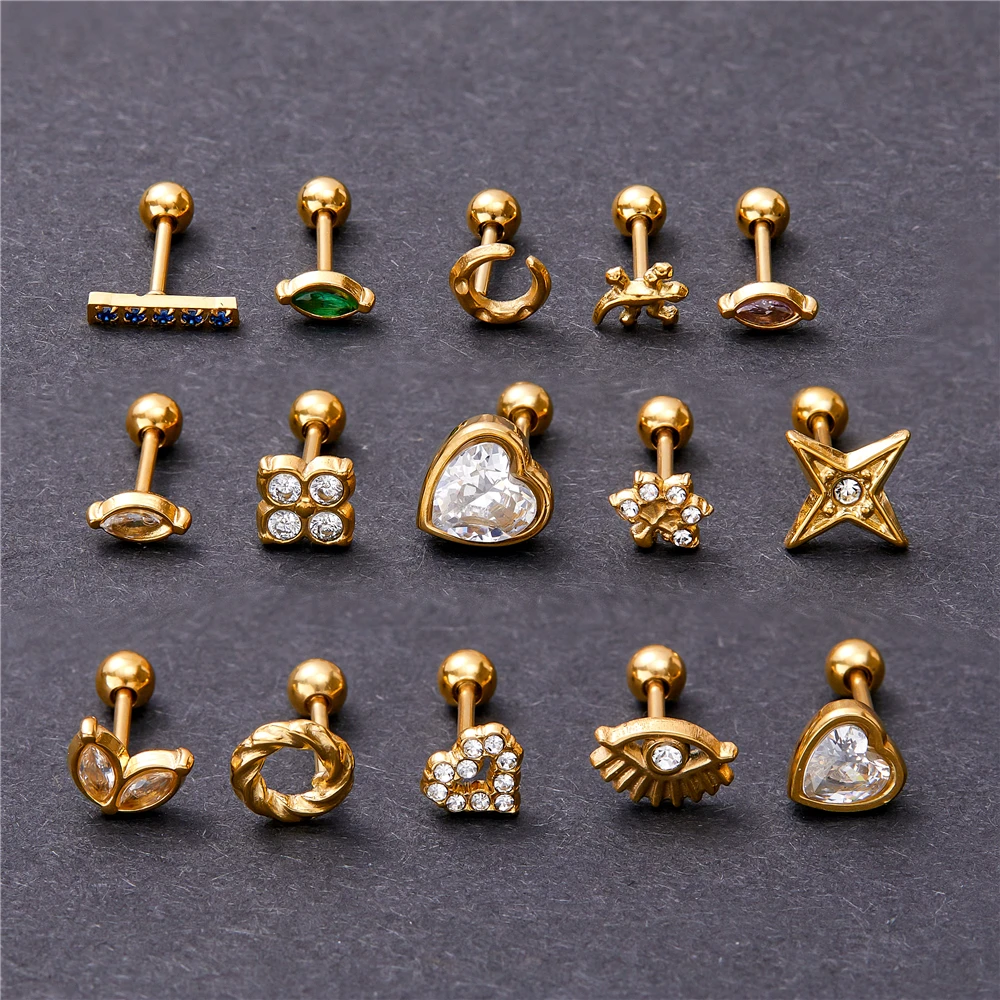 

Серьги-гвоздики женские цельнокроеные из нержавеющей стали золотого цвета с сердечками и звездами, ювелирные изделия для пирсинга, 2023, 1 шт.